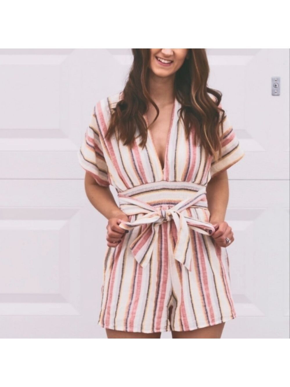 AMERICAN EAGLE Cotton Linen Blend Striped V Neck Romper Size Small